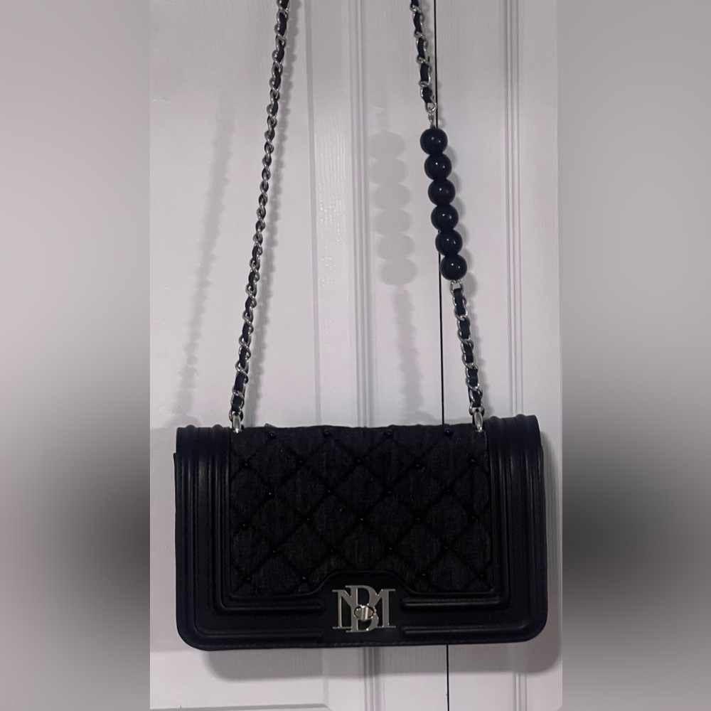 Badgley Mischka Denim Diamond Quilted Crossbody With Matching Pearls